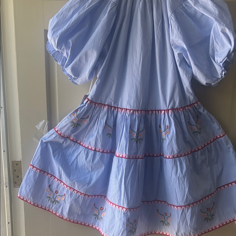 Light Blue Embroidered Tiered Casual Dress with Pink Trim - Picture 12 of 14